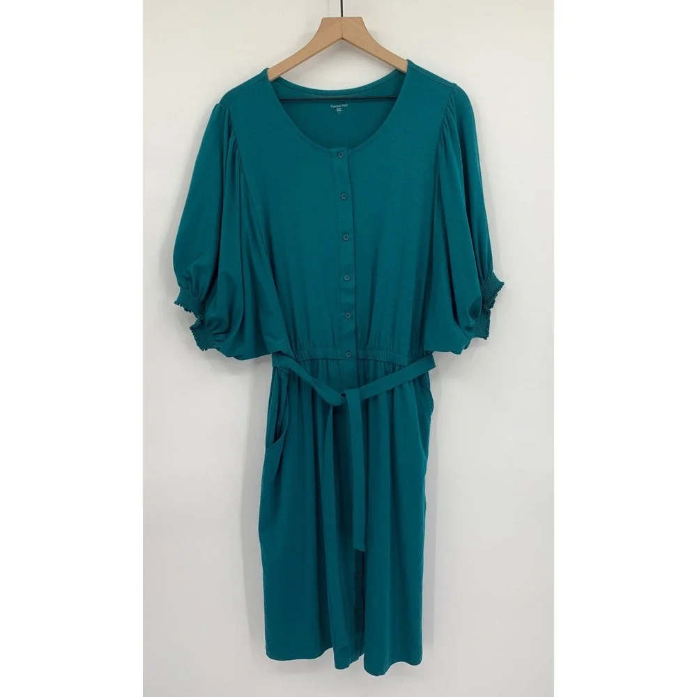 Garnet Hill Dress Womens Large Teal Puff Sleeve Belted Pockets Fall Soft Cozy